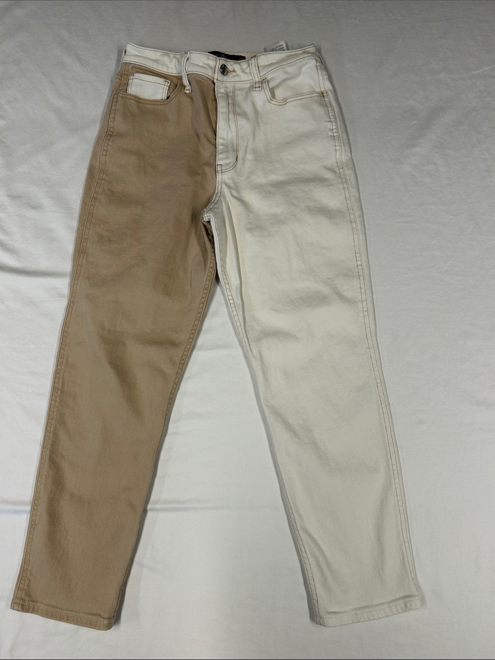 Hollister Two Tone High Rise Mom Jeans White Tan Split Block 5R W27 L27